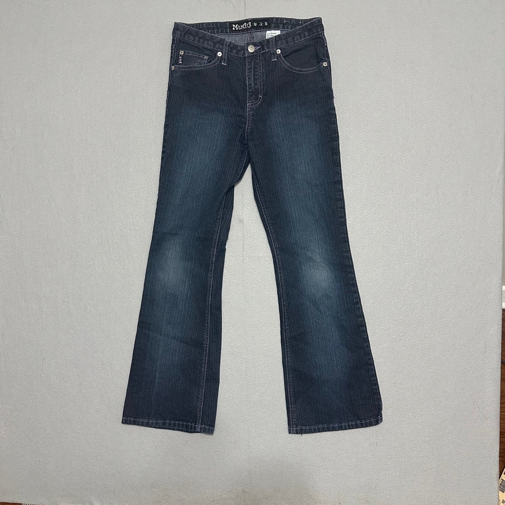 Y2K Mudd Girls Dark Wash‎ Flare Leg Jeans Purple Stitching Size 14 6SA956K